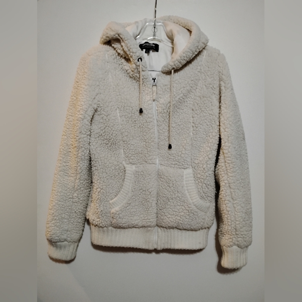 COFFESHOP Cozy Cream Sherpa Hoodie Cord Polyester S Zip Down Pockets